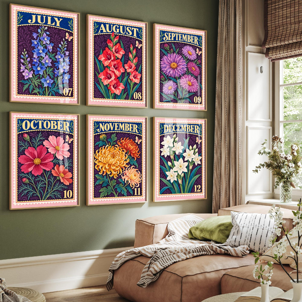 July to December Birth Flower Set of Six Art Prints - 6 Vintage Postage Stamp Botanical Illustration Posters - Larkspur to Narcissus