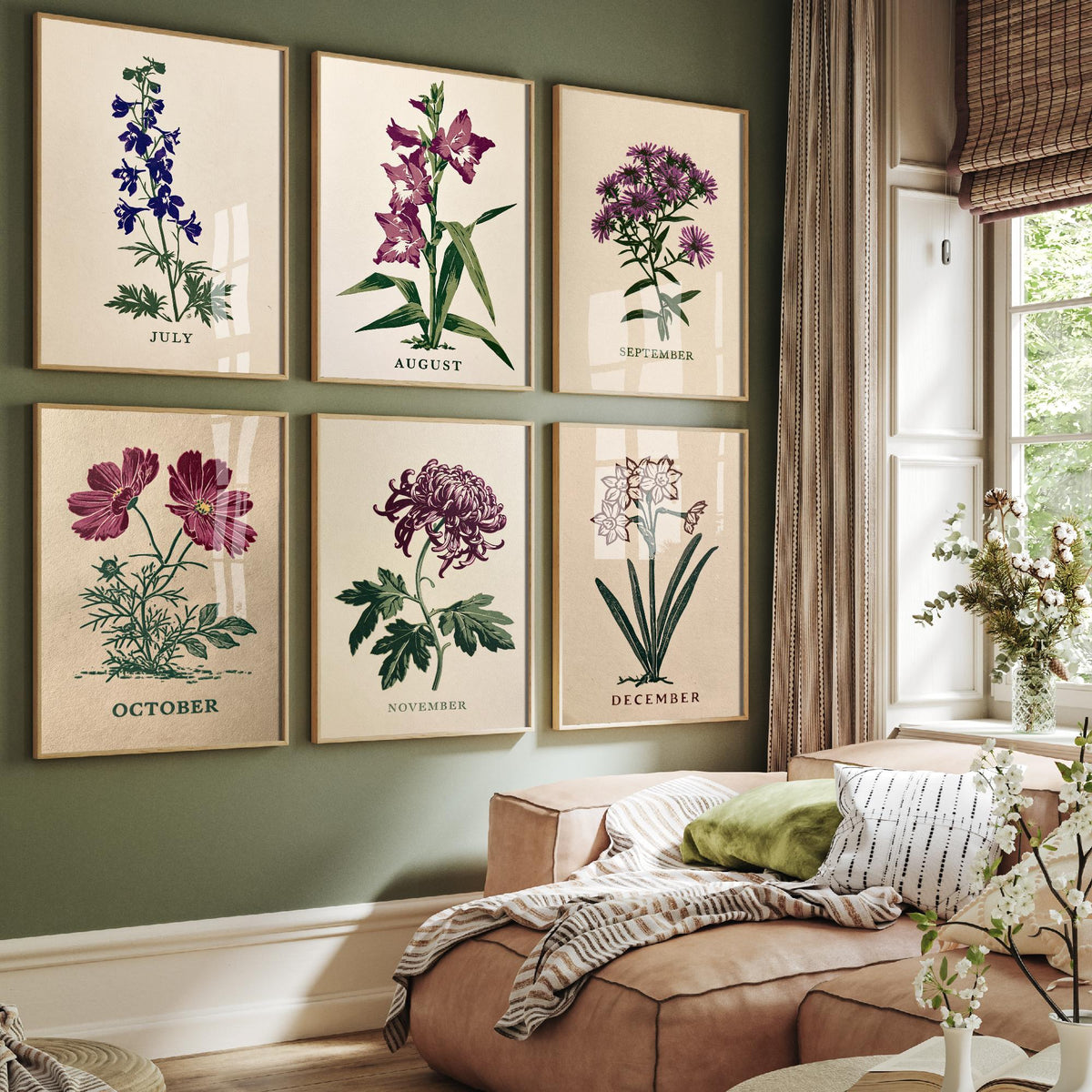 July to December Birth Flower Set of Six Art Prints - 6 Bold Block Print Botanical Illustration Posters - Larkspur to Narcissus