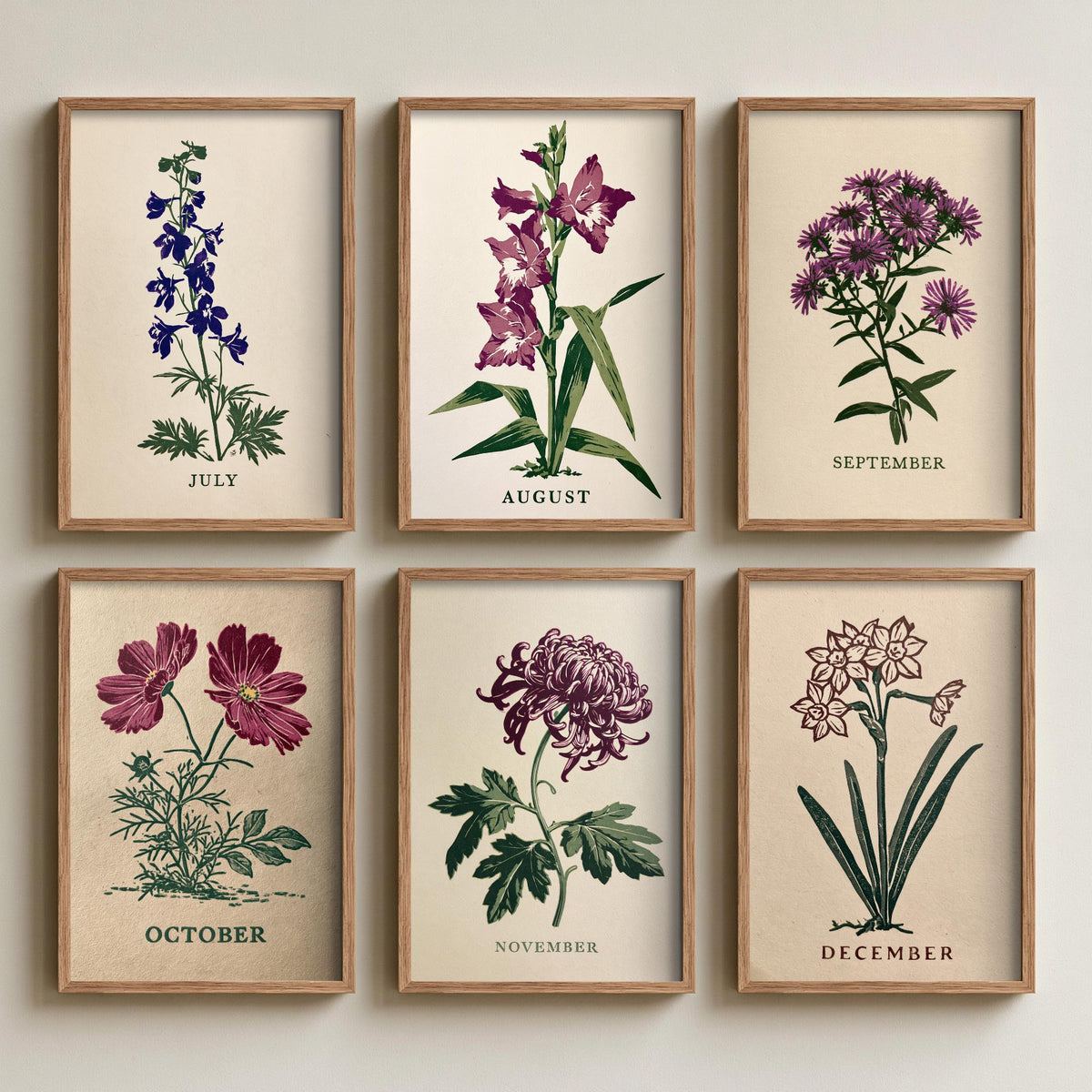 July to December Birth Flower Set of Six Art Prints - 6 Bold Block Print Botanical Illustration Posters - Larkspur to Narcissus