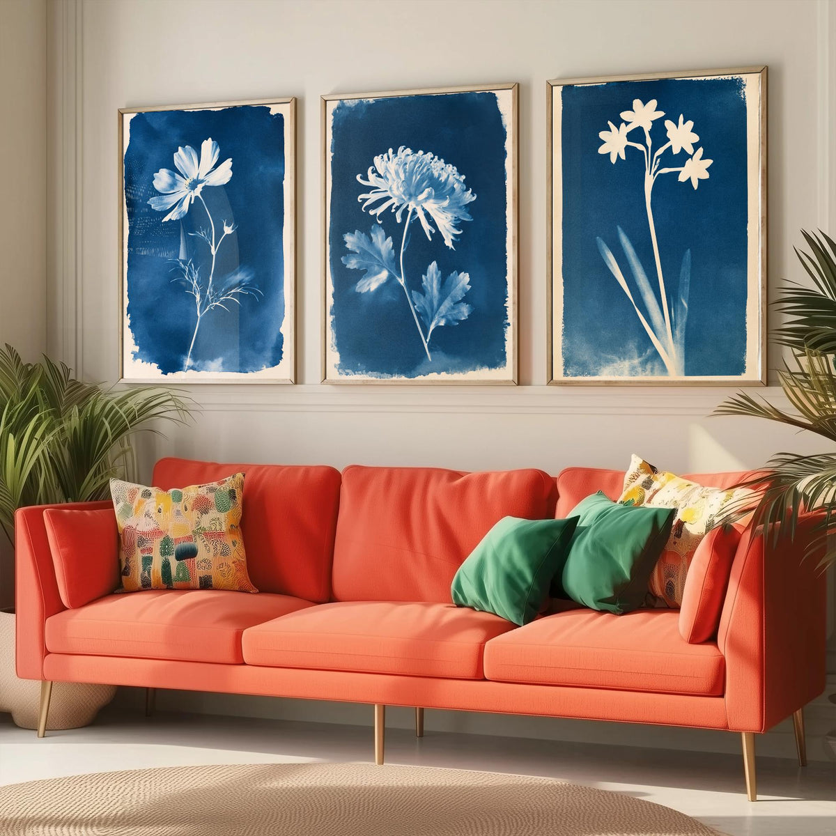 October to December Birth Flower Set of Three Art Prints - Cosmos, Chrysanthemum, Narcissus - Blue Cyanotype Botanical Illustration Posters