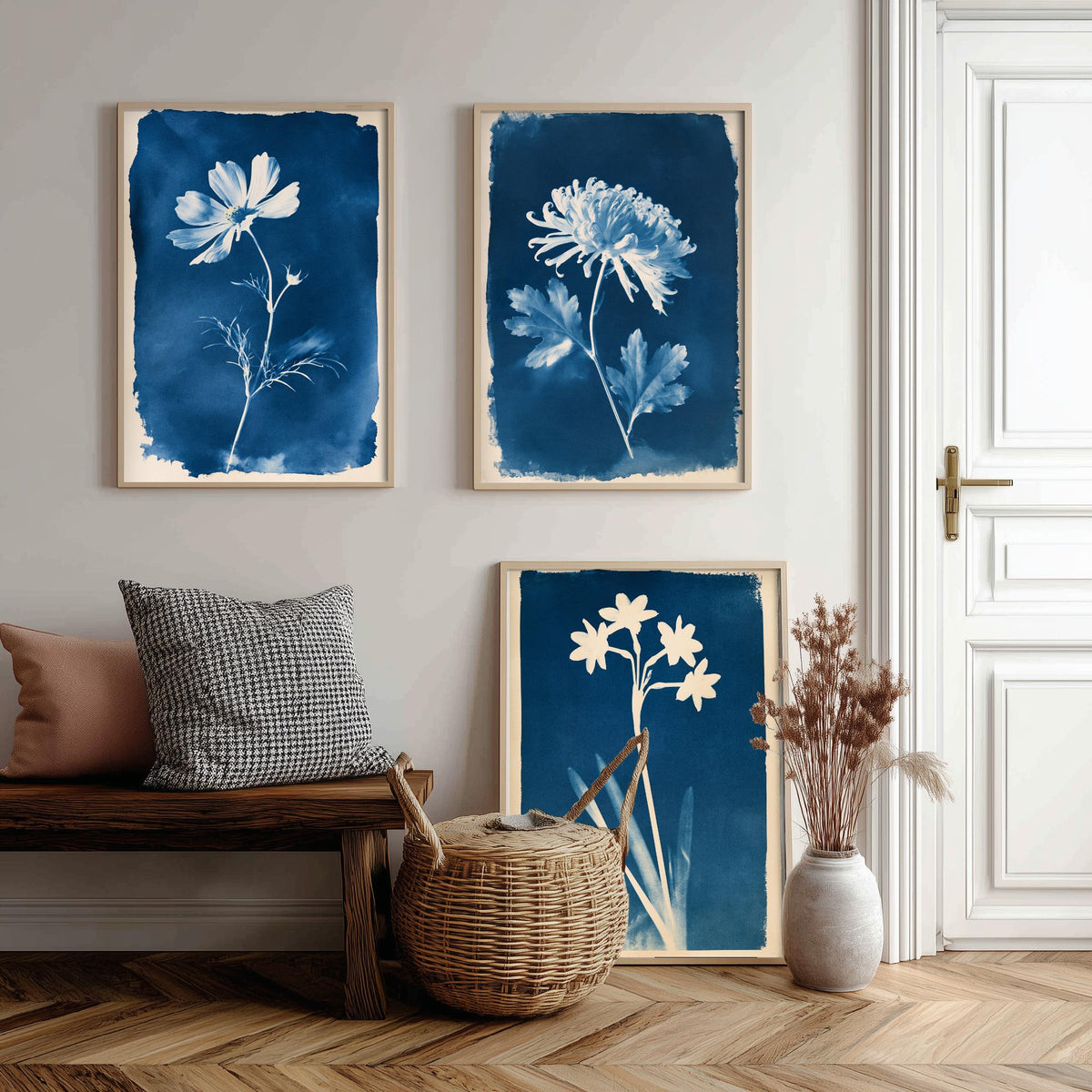 October to December Birth Flower Set of Three Art Prints - Cosmos, Chrysanthemum, Narcissus - Blue Cyanotype Botanical Illustration Posters