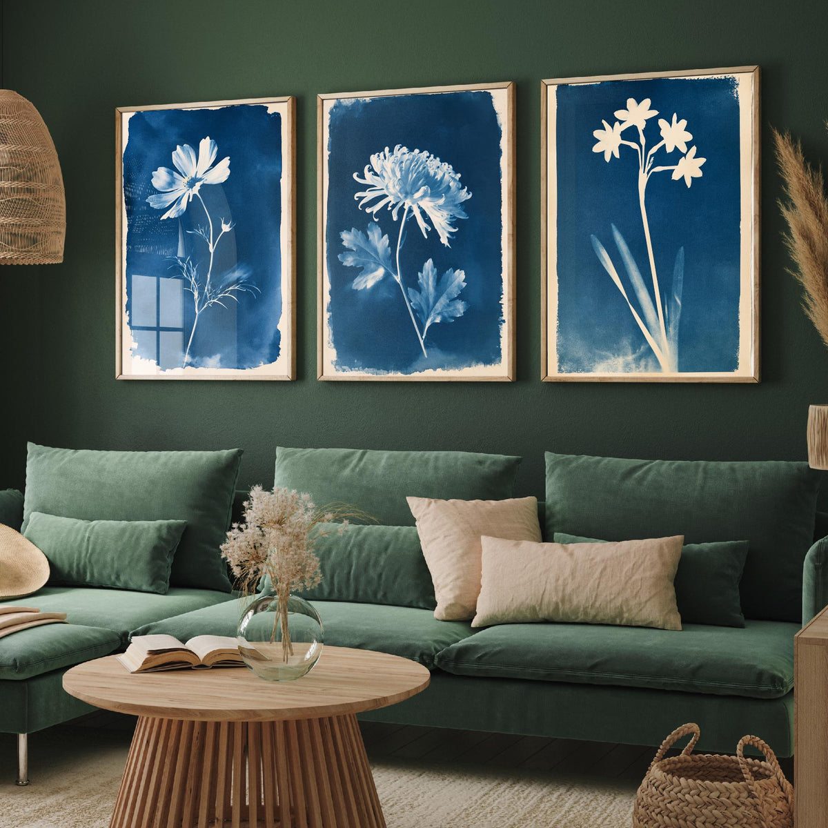 October to December Birth Flower Set of Three Art Prints - Cosmos, Chrysanthemum, Narcissus - Blue Cyanotype Botanical Illustration Posters