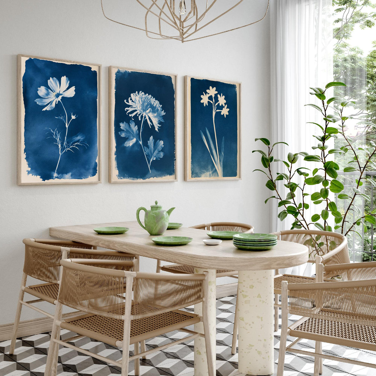 October to December Birth Flower Set of Three Art Prints - Cosmos, Chrysanthemum, Narcissus - Blue Cyanotype Botanical Illustration Posters