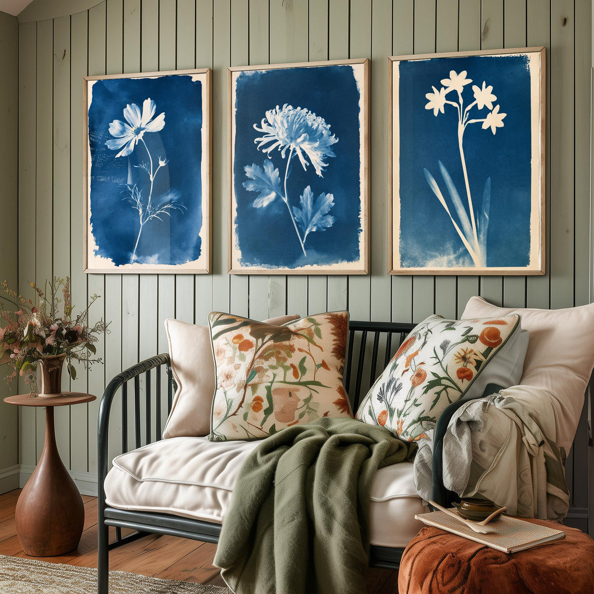October to December Birth Flower Set of Three Art Prints - Cosmos, Chrysanthemum, Narcissus - Blue Cyanotype Botanical Illustration Posters