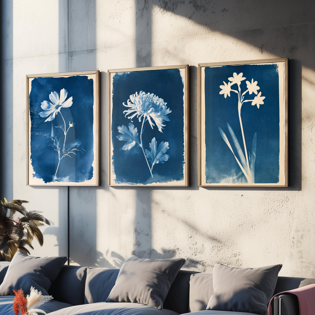 October to December Birth Flower Set of Three Art Prints - Cosmos, Chrysanthemum, Narcissus - Blue Cyanotype Botanical Illustration Posters