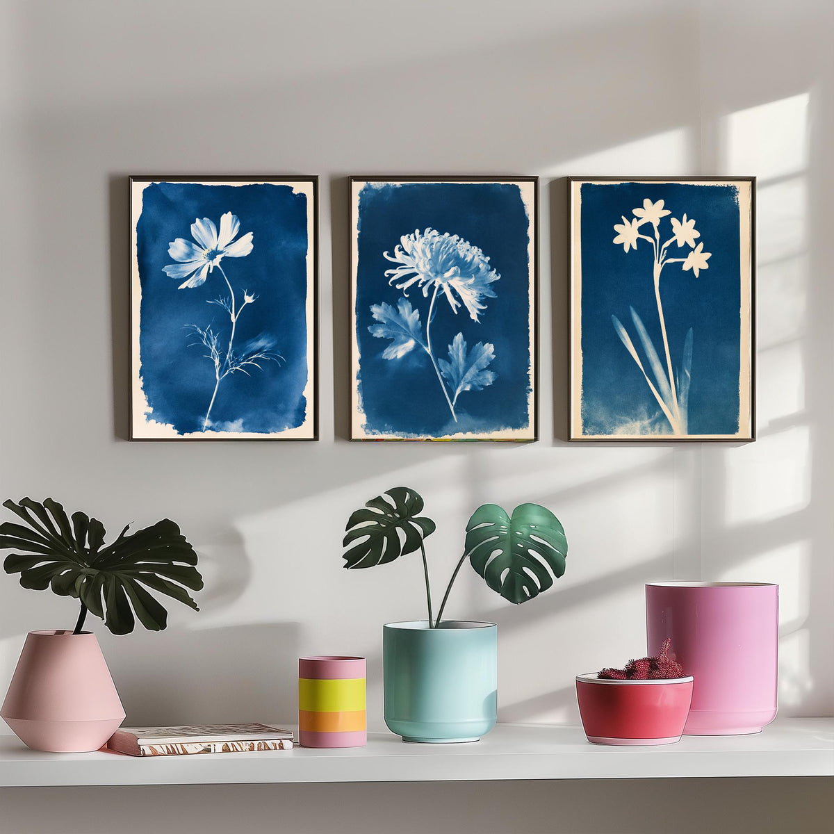 October to December Birth Flower Set of Three Art Prints - Cosmos, Chrysanthemum, Narcissus - Blue Cyanotype Botanical Illustration Posters