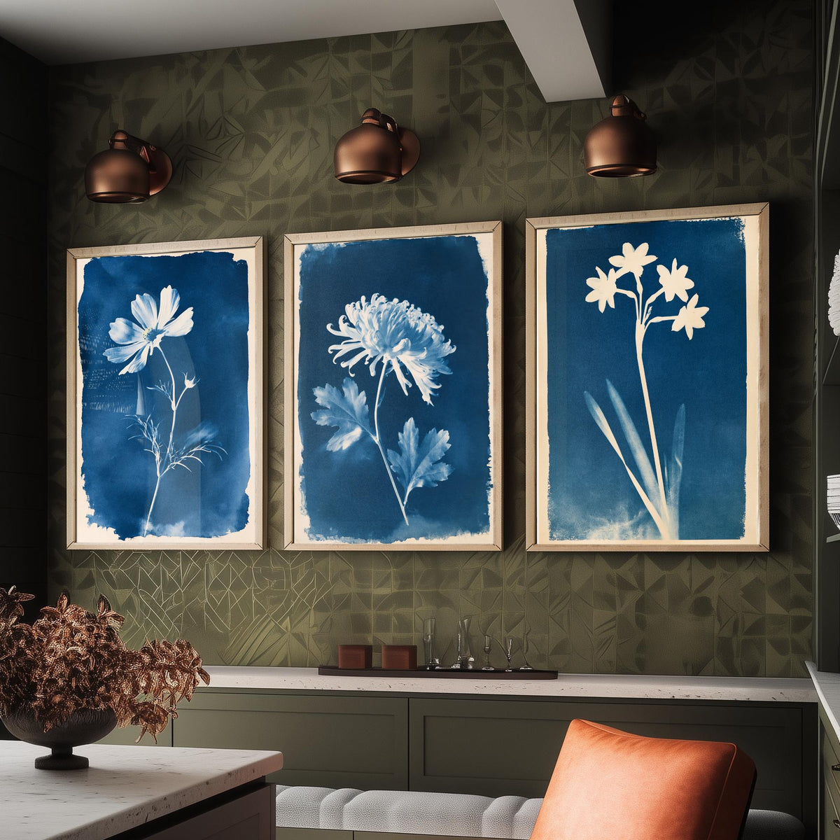 October to December Birth Flower Set of Three Art Prints - Cosmos, Chrysanthemum, Narcissus - Blue Cyanotype Botanical Illustration Posters