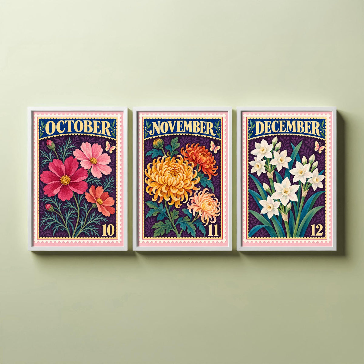 October to December Birth Flower Set of Three Art Prints - Cosmos, Chrysanthemum, Narcissus - Vintage Postage Stamp Illustration Posters