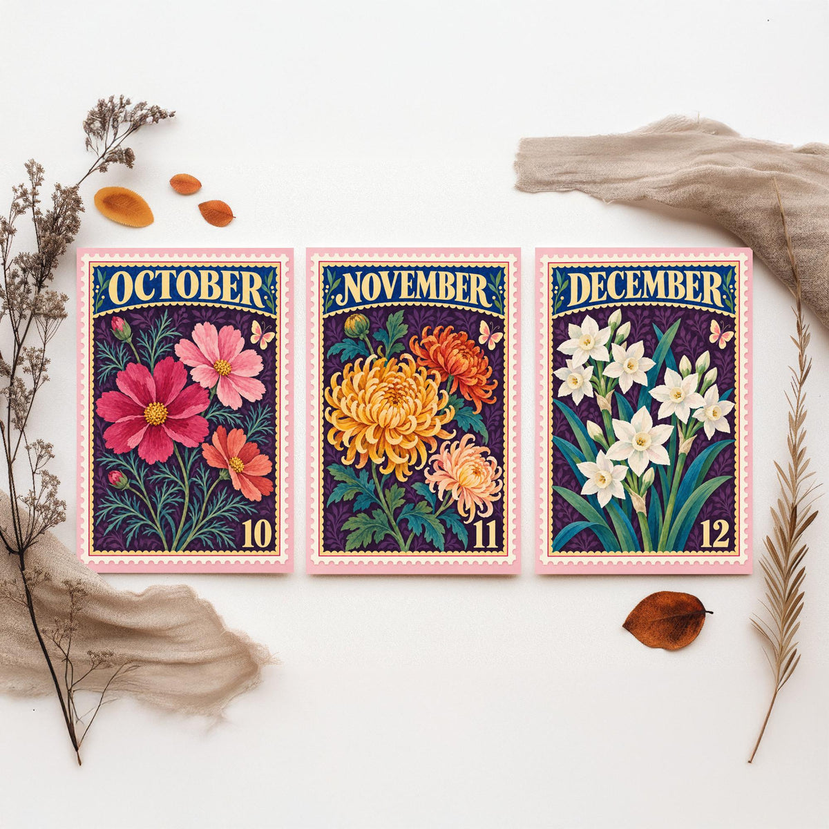 October to December Birth Flower Set of Three Art Prints - Cosmos, Chrysanthemum, Narcissus - Vintage Postage Stamp Illustration Posters