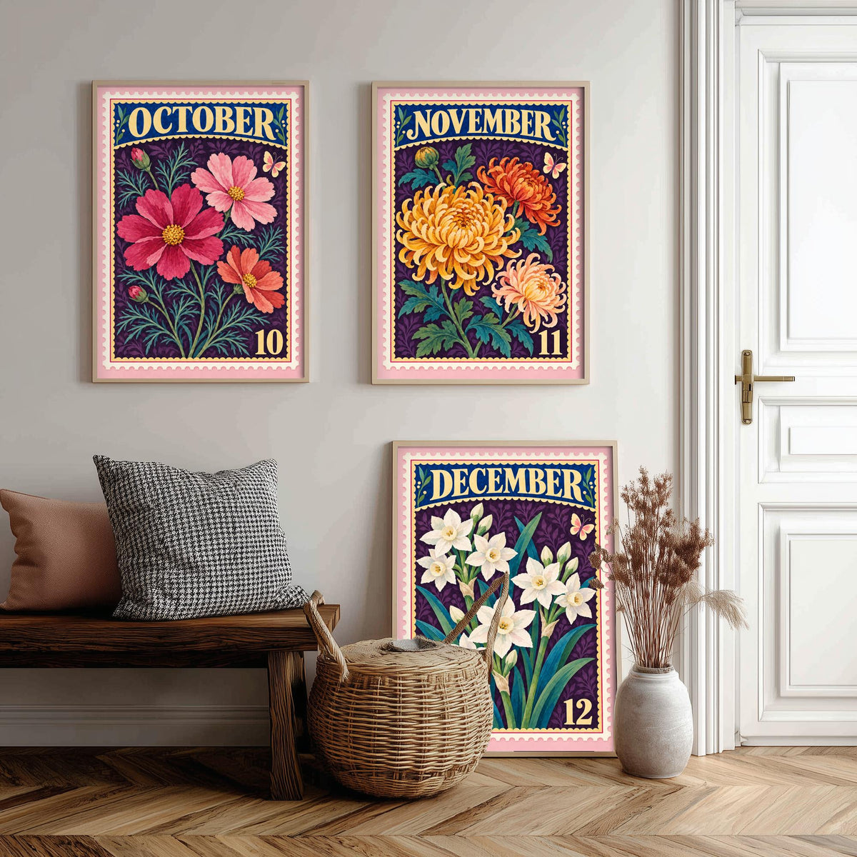 October to December Birth Flower Set of Three Art Prints - Cosmos, Chrysanthemum, Narcissus - Vintage Postage Stamp Illustration Posters