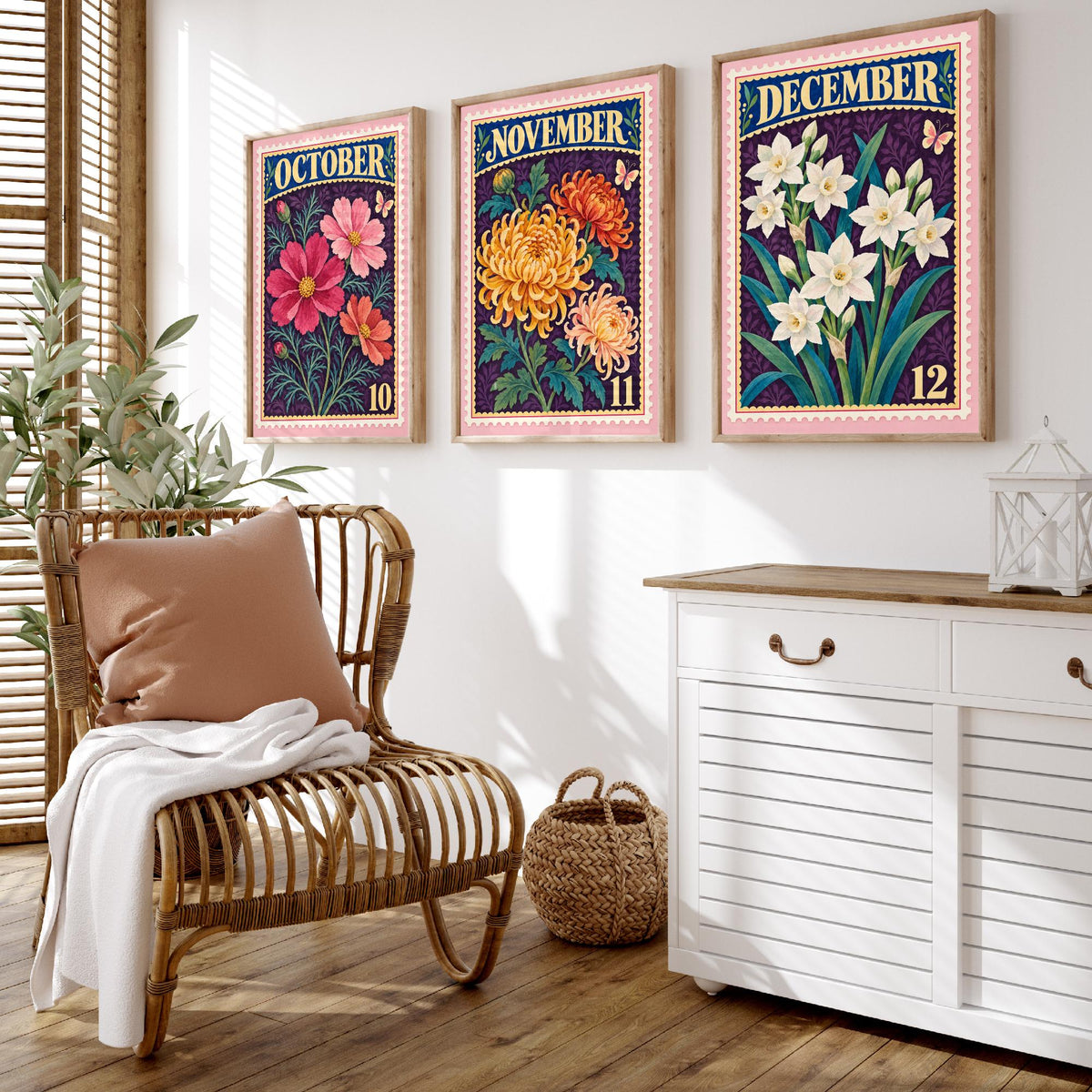 October to December Birth Flower Set of Three Art Prints - Cosmos, Chrysanthemum, Narcissus - Vintage Postage Stamp Illustration Posters