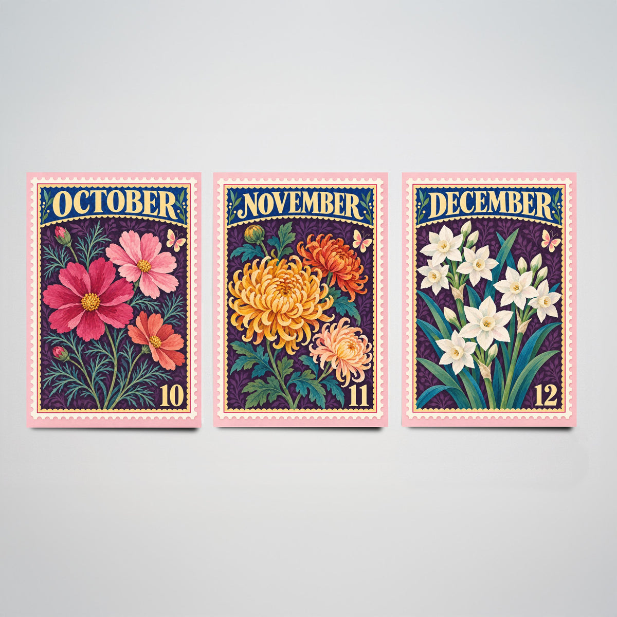 October to December Birth Flower Set of Three Art Prints - Cosmos, Chrysanthemum, Narcissus - Vintage Postage Stamp Illustration Posters