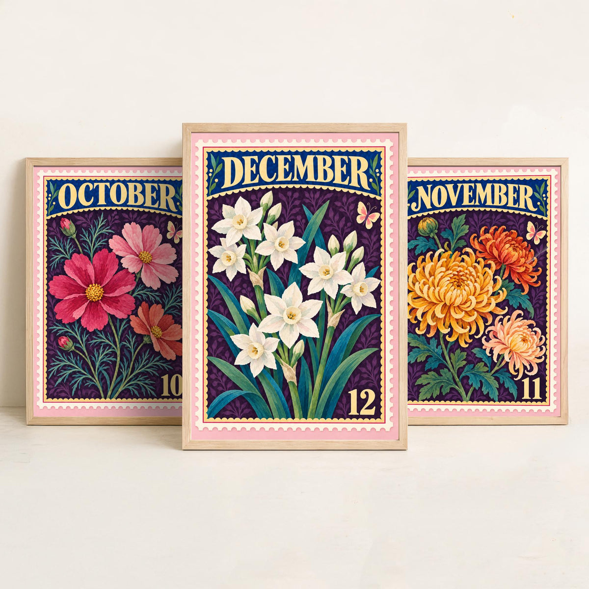 October to December Birth Flower Set of Three Art Prints - Cosmos, Chrysanthemum, Narcissus - Vintage Postage Stamp Illustration Posters