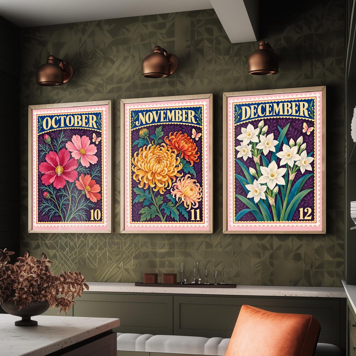 October to December Birth Flower Set of Three Art Prints - Cosmos, Chrysanthemum, Narcissus - Vintage Postage Stamp Illustration Posters