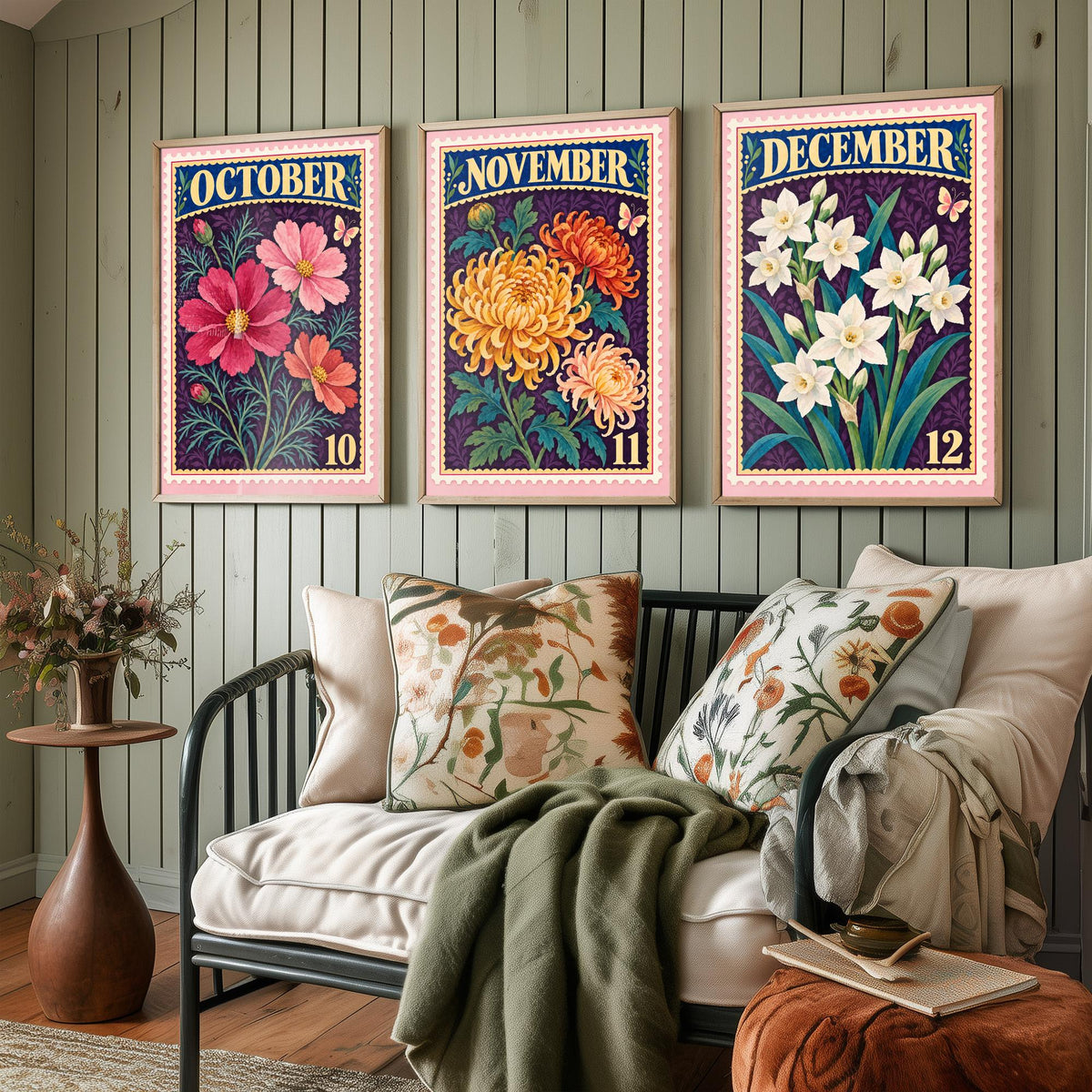 October to December Birth Flower Set of Three Art Prints - Cosmos, Chrysanthemum, Narcissus - Vintage Postage Stamp Illustration Posters
