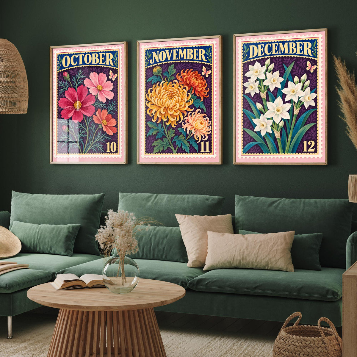 October to December Birth Flower Set of Three Art Prints - Cosmos, Chrysanthemum, Narcissus - Vintage Postage Stamp Illustration Posters