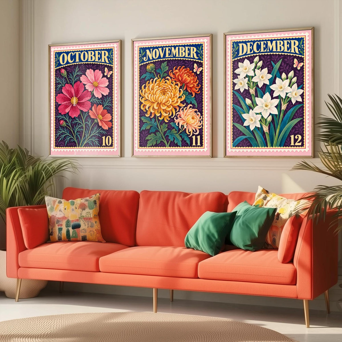 October to December Birth Flower Set of Three Art Prints - Cosmos, Chrysanthemum, Narcissus - Vintage Postage Stamp Illustration Posters
