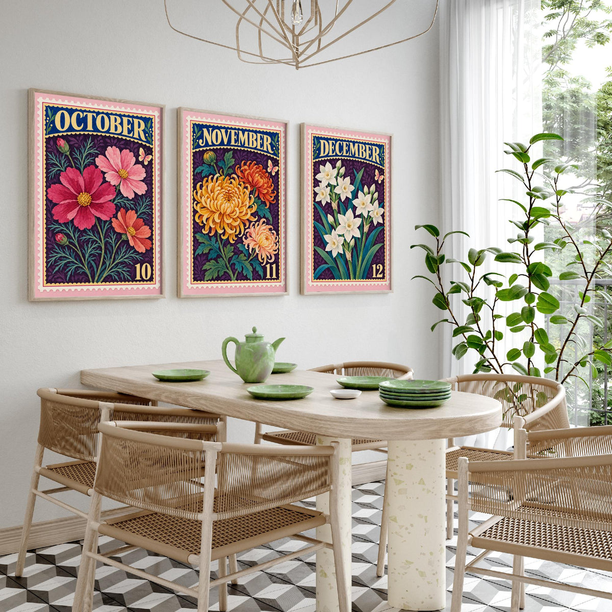 October to December Birth Flower Set of Three Art Prints - Cosmos, Chrysanthemum, Narcissus - Vintage Postage Stamp Illustration Posters
