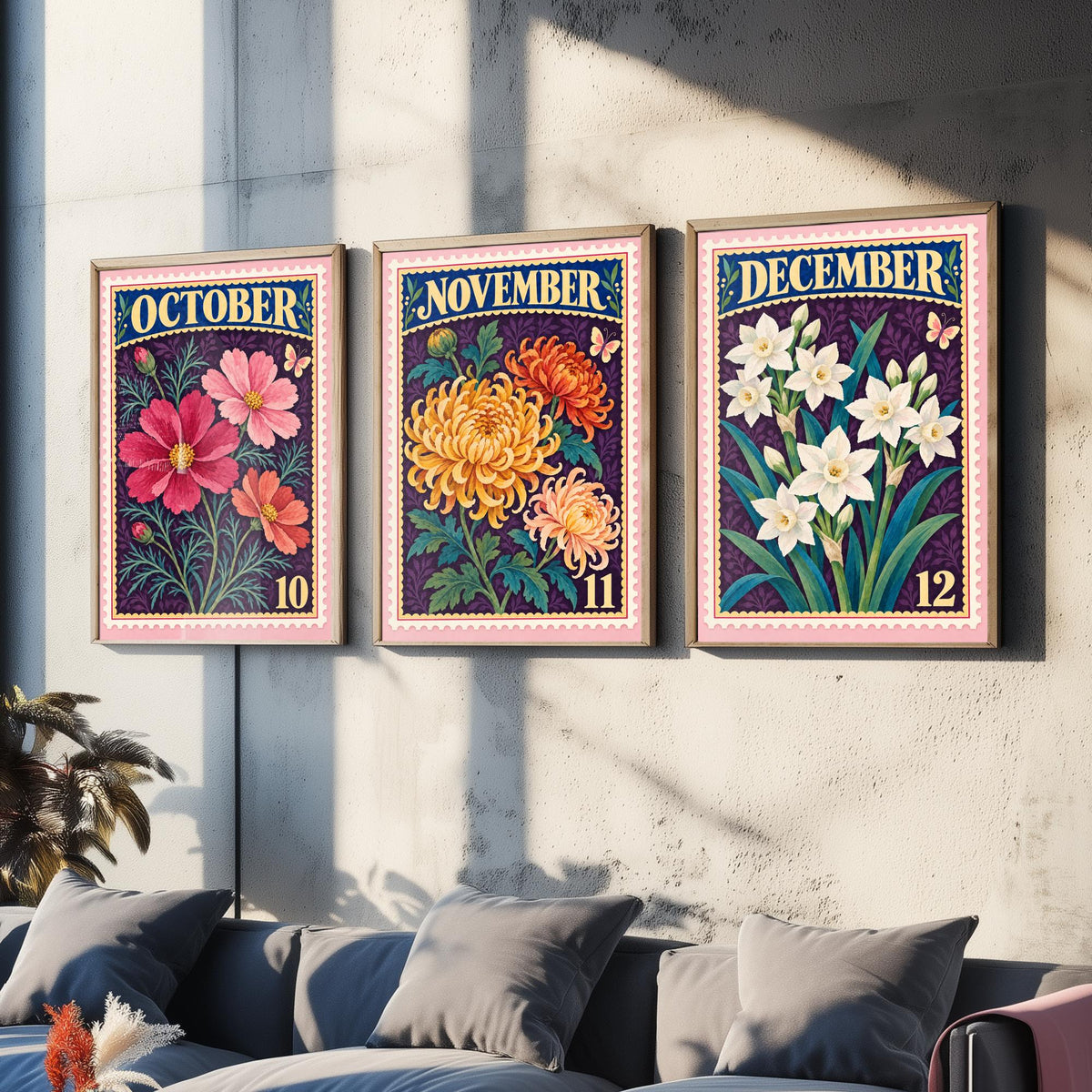 October to December Birth Flower Set of Three Art Prints - Cosmos, Chrysanthemum, Narcissus - Vintage Postage Stamp Illustration Posters