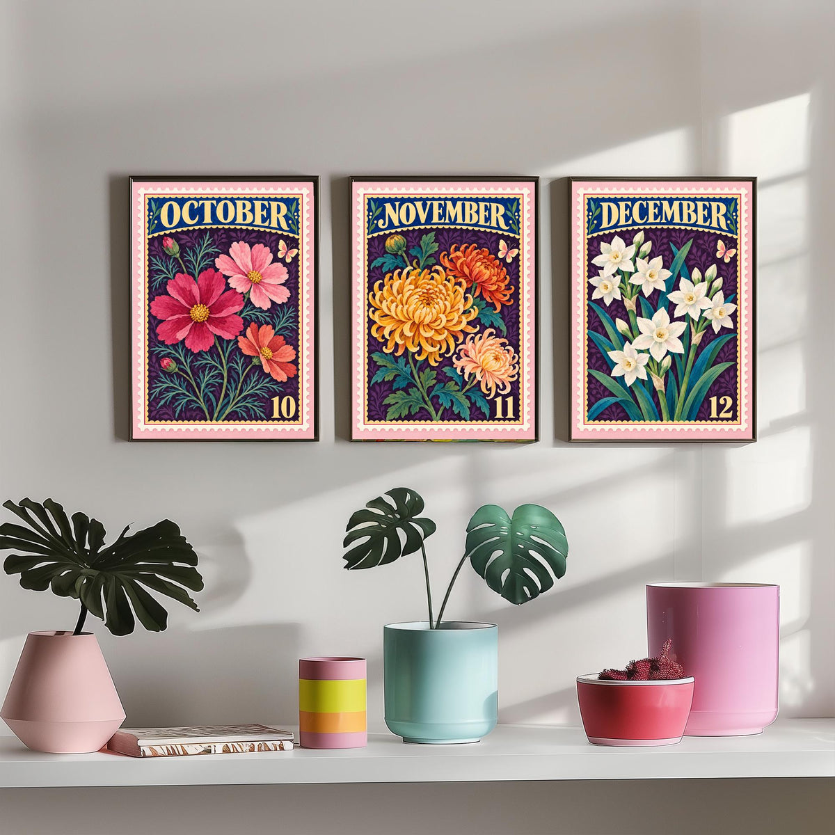 October to December Birth Flower Set of Three Art Prints - Cosmos, Chrysanthemum, Narcissus - Vintage Postage Stamp Illustration Posters