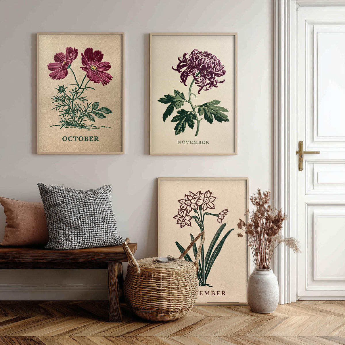 October to December Birth Flower Set of Three Art Prints - Cosmos, Chrysanthemum, Narcissus - Bold Block Print Illustration Posters