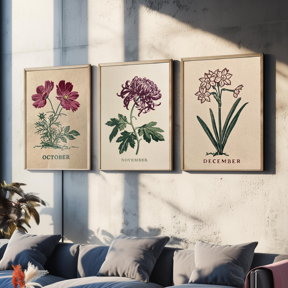 October to December Birth Flower Set of Three Art Prints - Cosmos, Chrysanthemum, Narcissus - Bold Block Print Illustration Posters