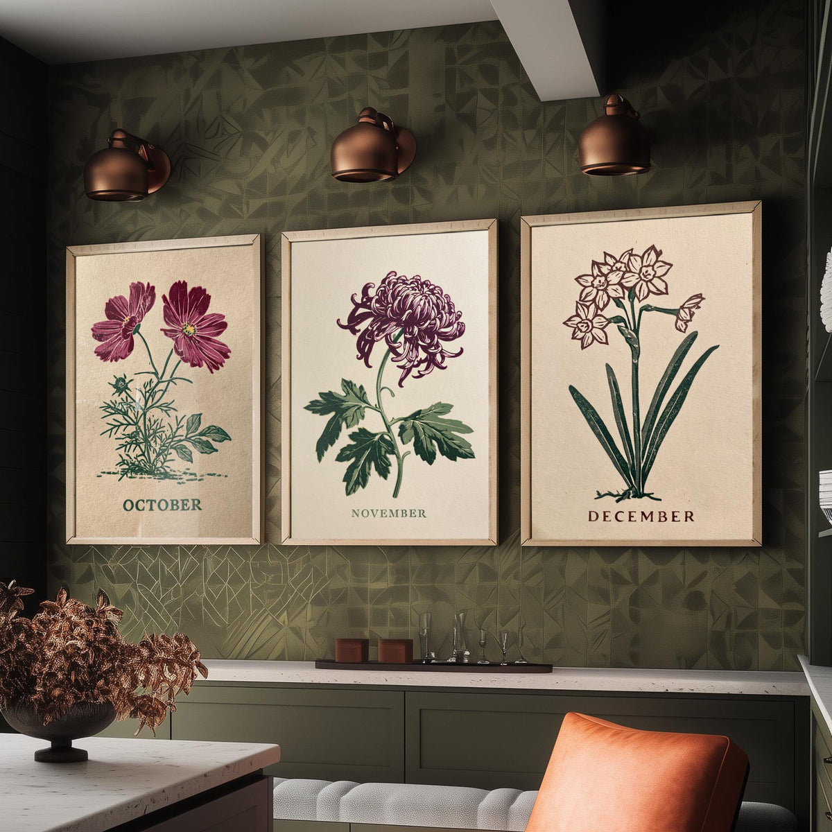 October to December Birth Flower Set of Three Art Prints - Cosmos, Chrysanthemum, Narcissus - Bold Block Print Illustration Posters