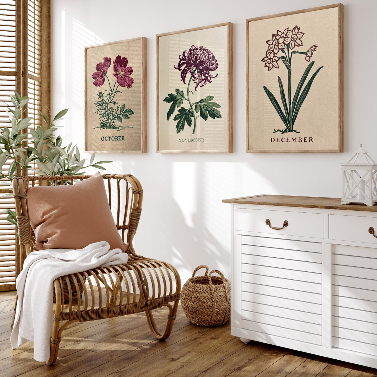 October to December Birth Flower Set of Three Art Prints - Cosmos, Chrysanthemum, Narcissus - Bold Block Print Illustration Posters