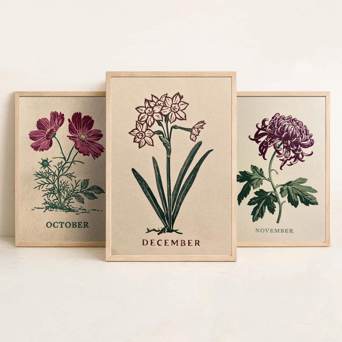 October to December Birth Flower Set of Three Art Prints - Cosmos, Chrysanthemum, Narcissus - Bold Block Print Illustration Posters