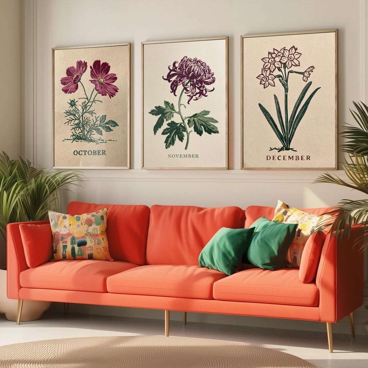 October to December Birth Flower Set of Three Art Prints - Cosmos, Chrysanthemum, Narcissus - Bold Block Print Illustration Posters