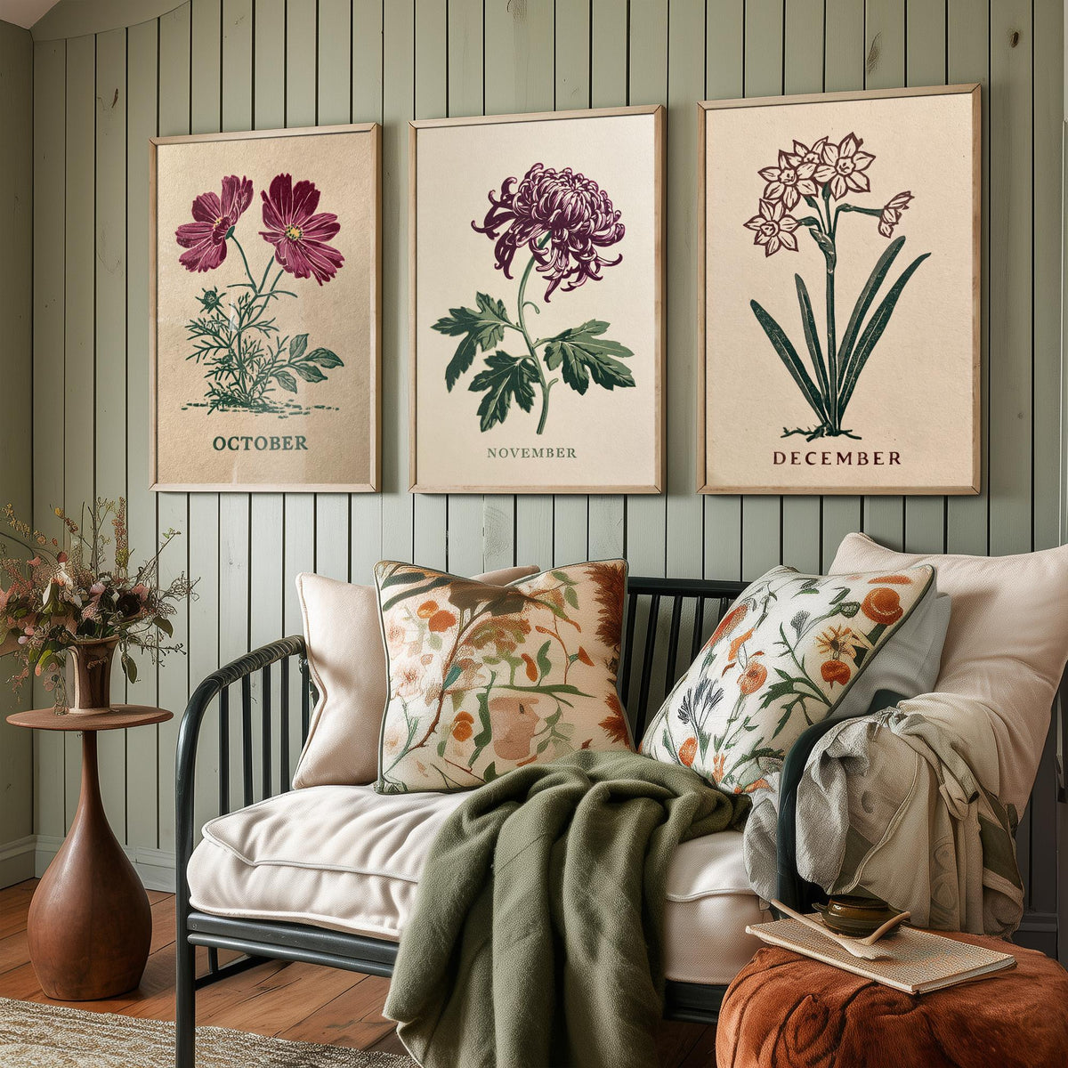 October to December Birth Flower Set of Three Art Prints - Cosmos, Chrysanthemum, Narcissus - Bold Block Print Illustration Posters