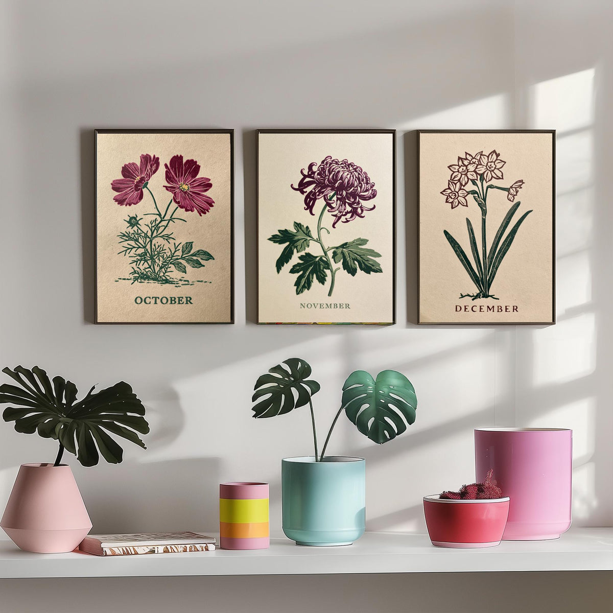 October to December Birth Flower Set of Three Art Prints - Cosmos, Chrysanthemum, Narcissus - Bold Block Print Illustration Posters