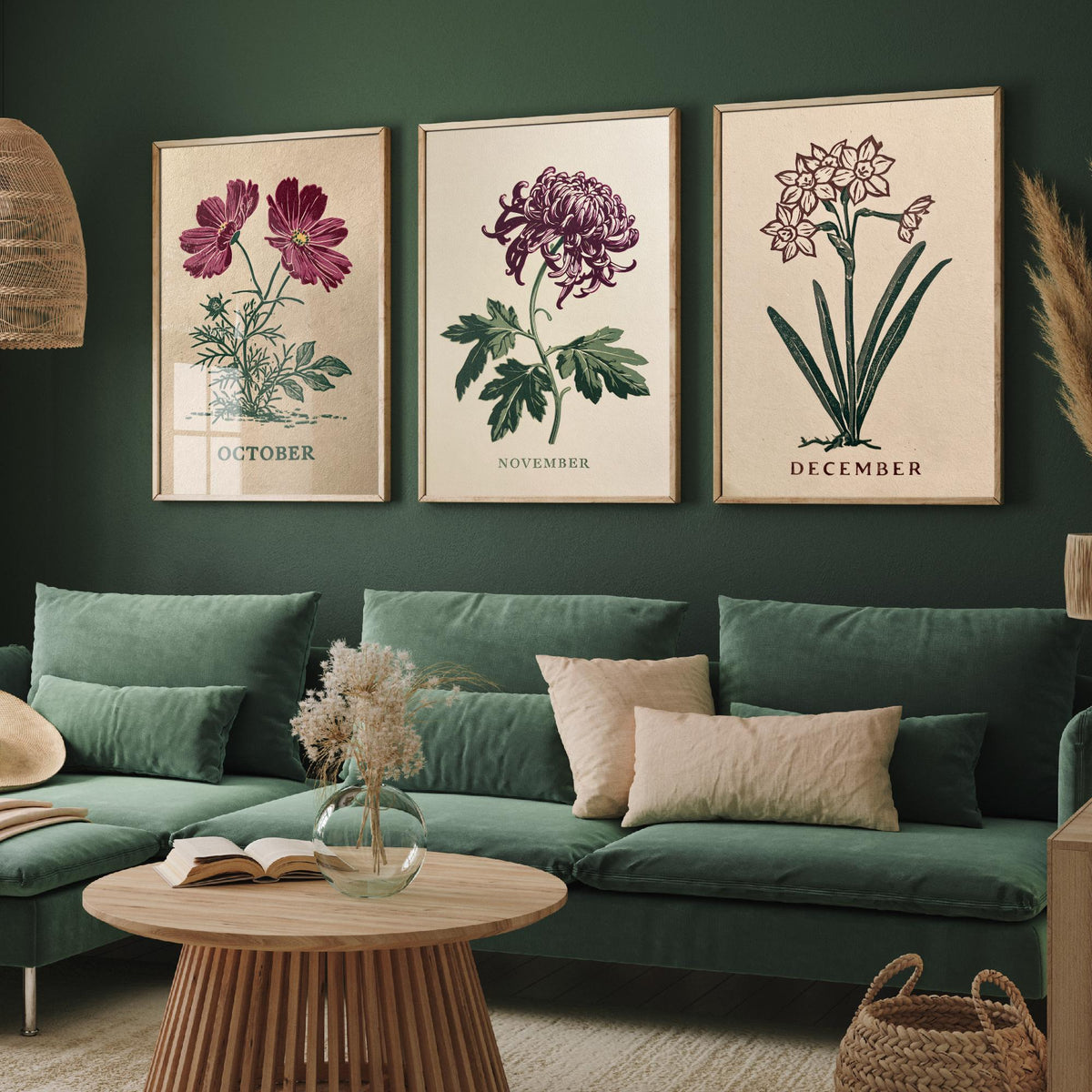 October to December Birth Flower Set of Three Art Prints - Cosmos, Chrysanthemum, Narcissus - Bold Block Print Illustration Posters