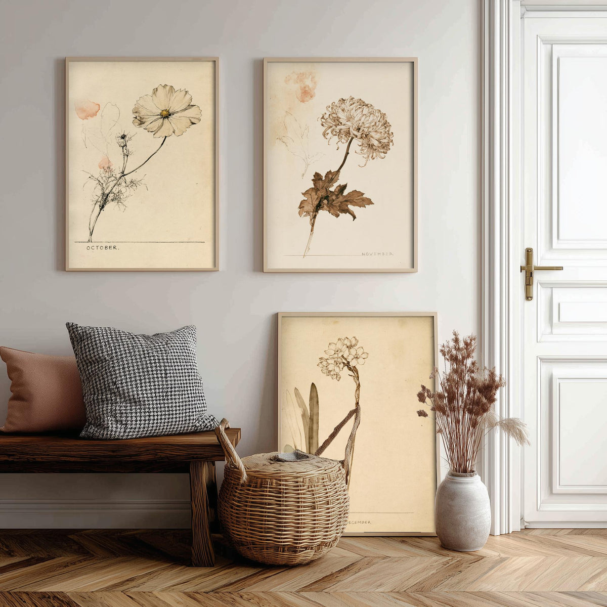 October to December Birth Flower Set of Three Art Prints - Cosmos, Chrysanthemum, Narcissus - Antique Sepia Ink Illustration Posters