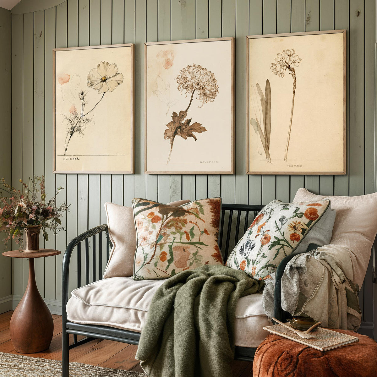 October to December Birth Flower Set of Three Art Prints - Cosmos, Chrysanthemum, Narcissus - Antique Sepia Ink Illustration Posters