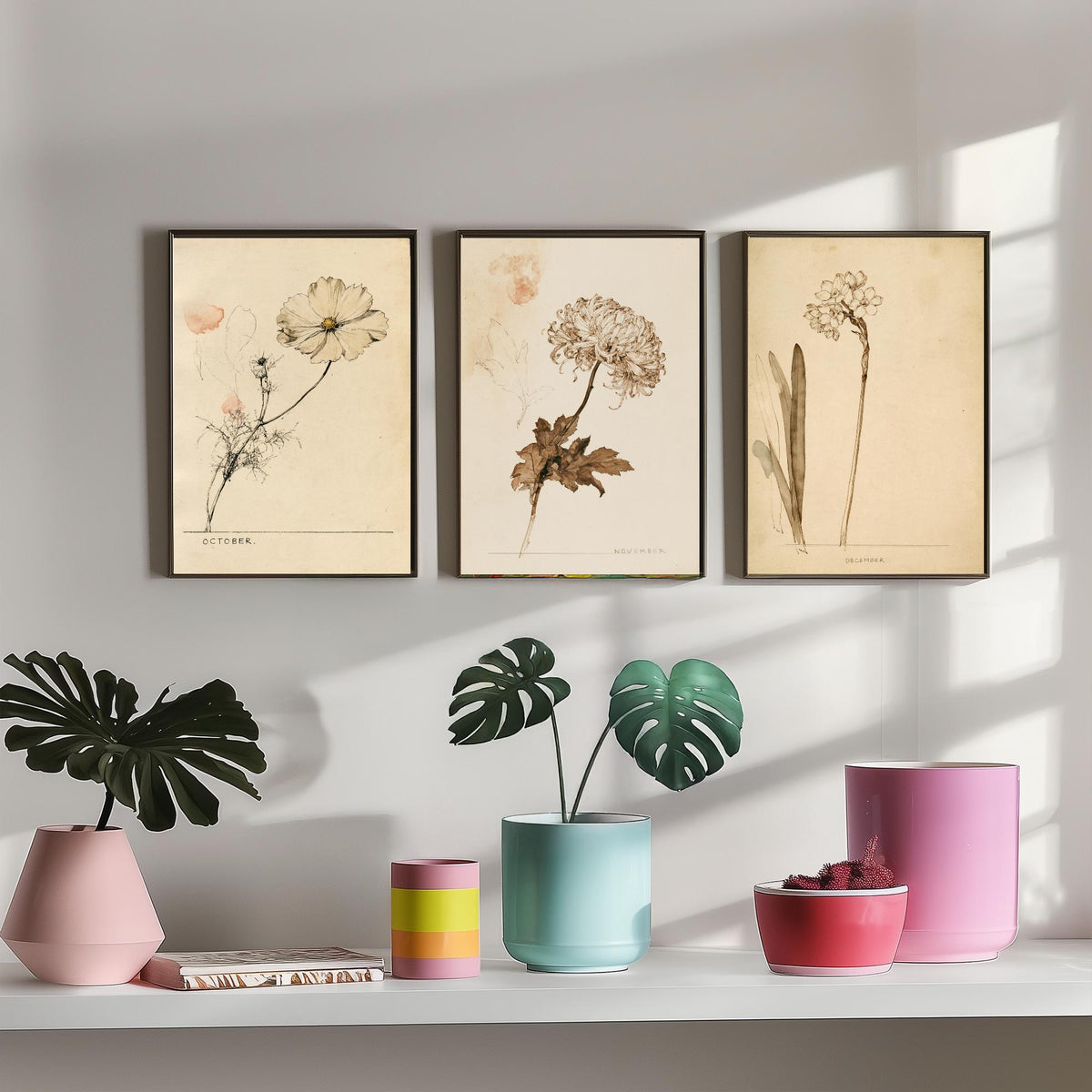 October to December Birth Flower Set of Three Art Prints - Cosmos, Chrysanthemum, Narcissus - Antique Sepia Ink Illustration Posters