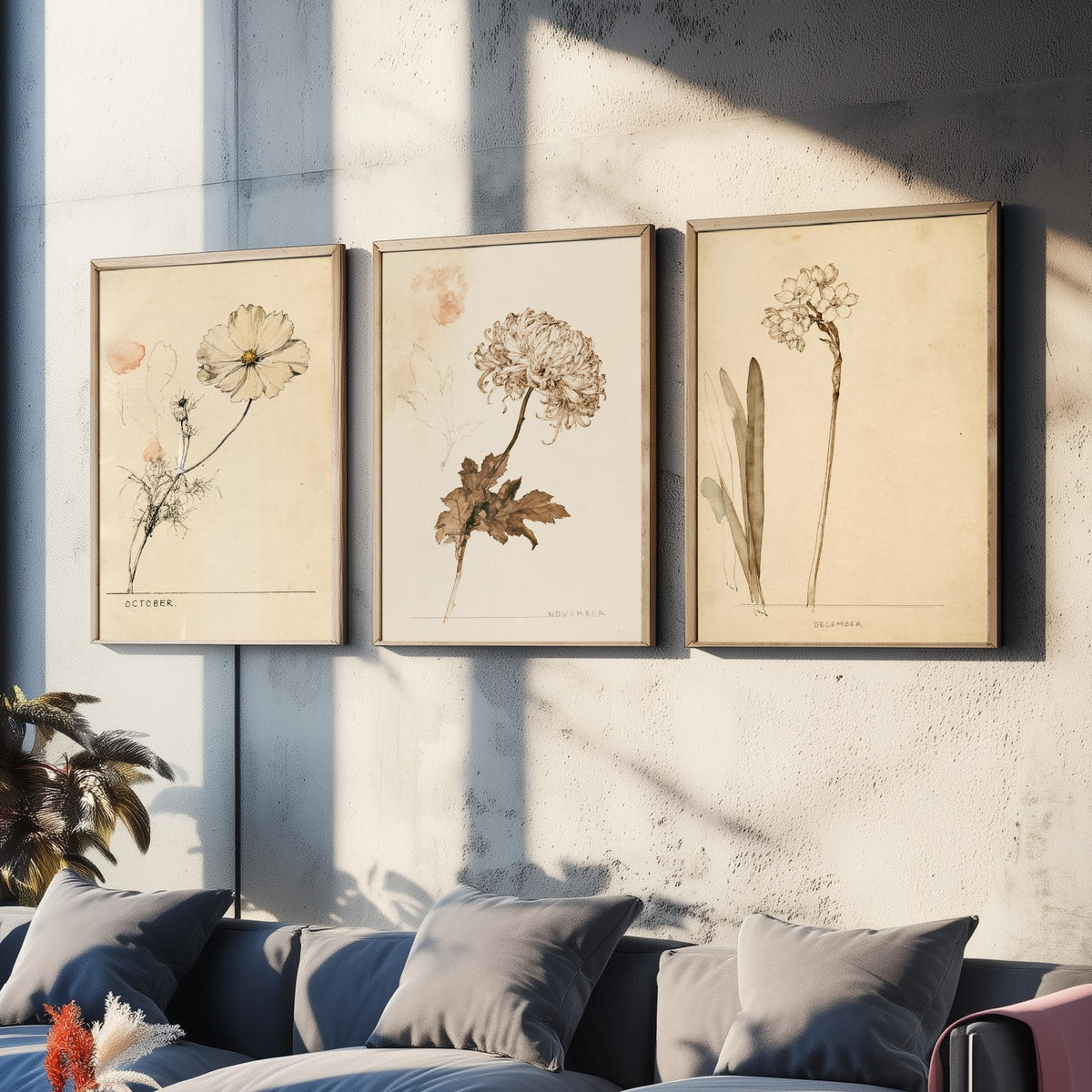 October to December Birth Flower Set of Three Art Prints - Cosmos, Chrysanthemum, Narcissus - Antique Sepia Ink Illustration Posters