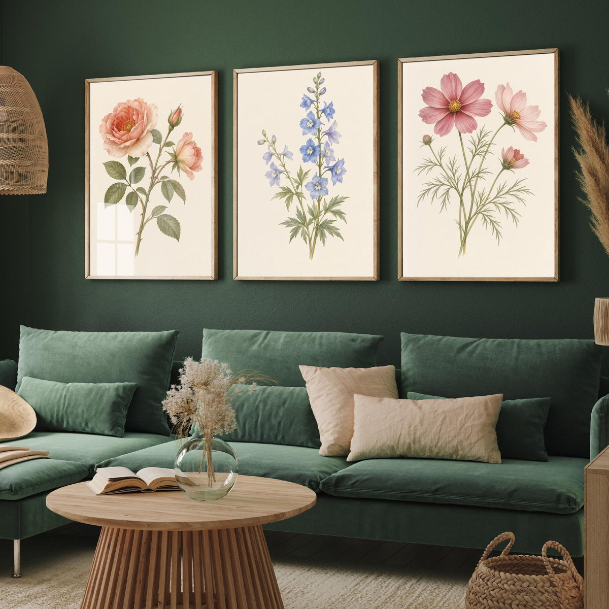 June, July and October Birth Flower Set of Three Art Prints - Rose, Larkspur, Cosmos - Soft Watercolour Botanical Illustration Posters