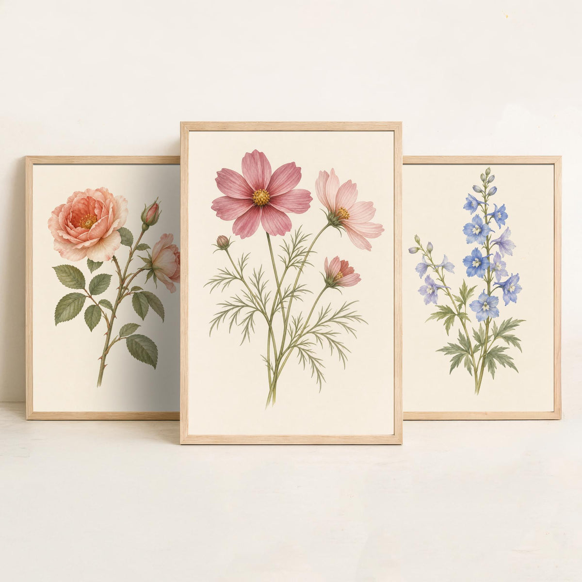 June, July and October Birth Flower Set of Three Art Prints - Rose, Larkspur, Cosmos - Soft Watercolour Botanical Illustration Posters