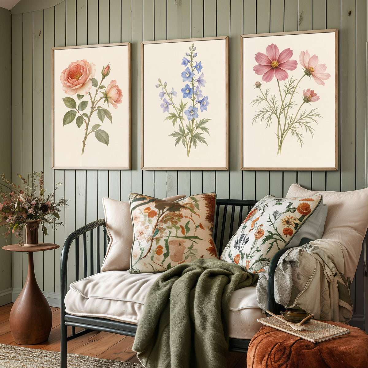 June, July and October Birth Flower Set of Three Art Prints - Rose, Larkspur, Cosmos - Soft Watercolour Botanical Illustration Posters