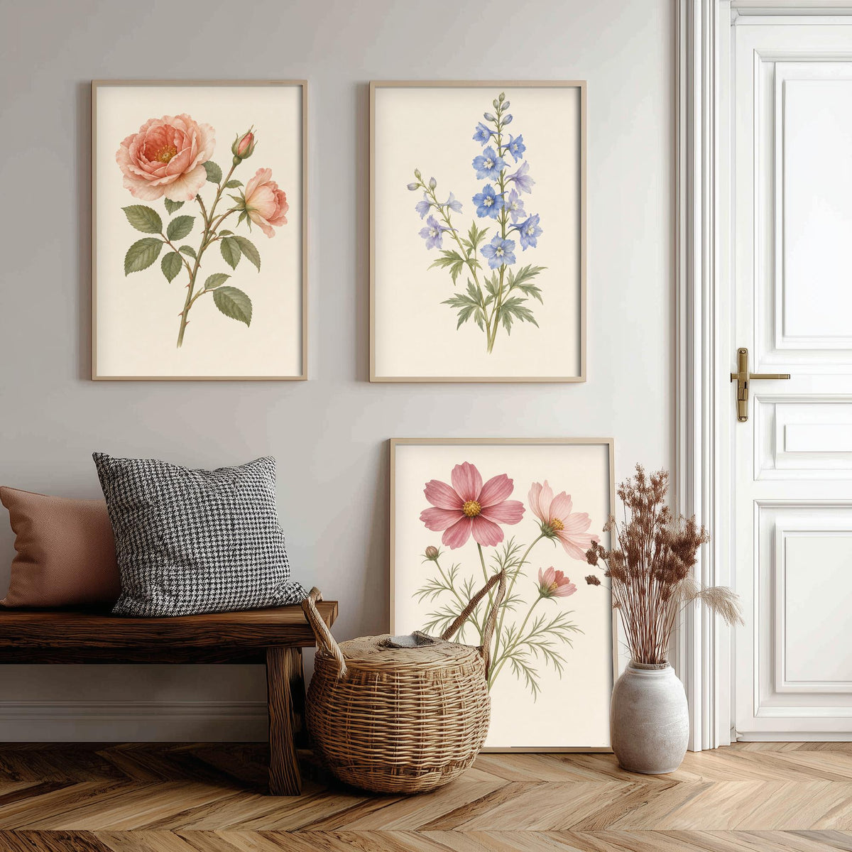 June, July and October Birth Flower Set of Three Art Prints - Rose, Larkspur, Cosmos - Soft Watercolour Botanical Illustration Posters