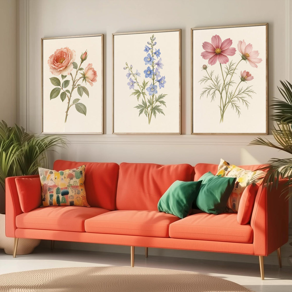 June, July and October Birth Flower Set of Three Art Prints - Rose, Larkspur, Cosmos - Soft Watercolour Botanical Illustration Posters