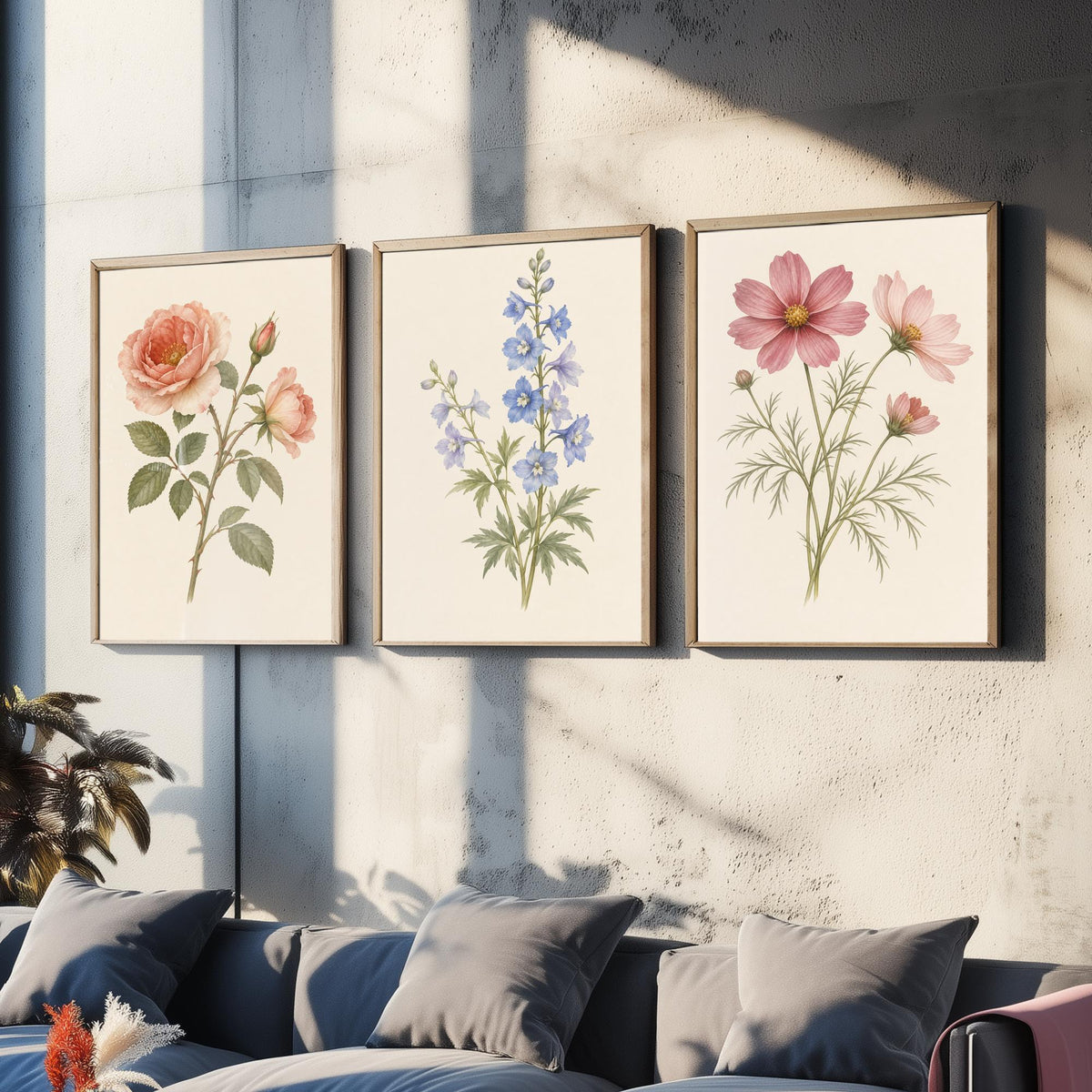 June, July and October Birth Flower Set of Three Art Prints - Rose, Larkspur, Cosmos - Soft Watercolour Botanical Illustration Posters