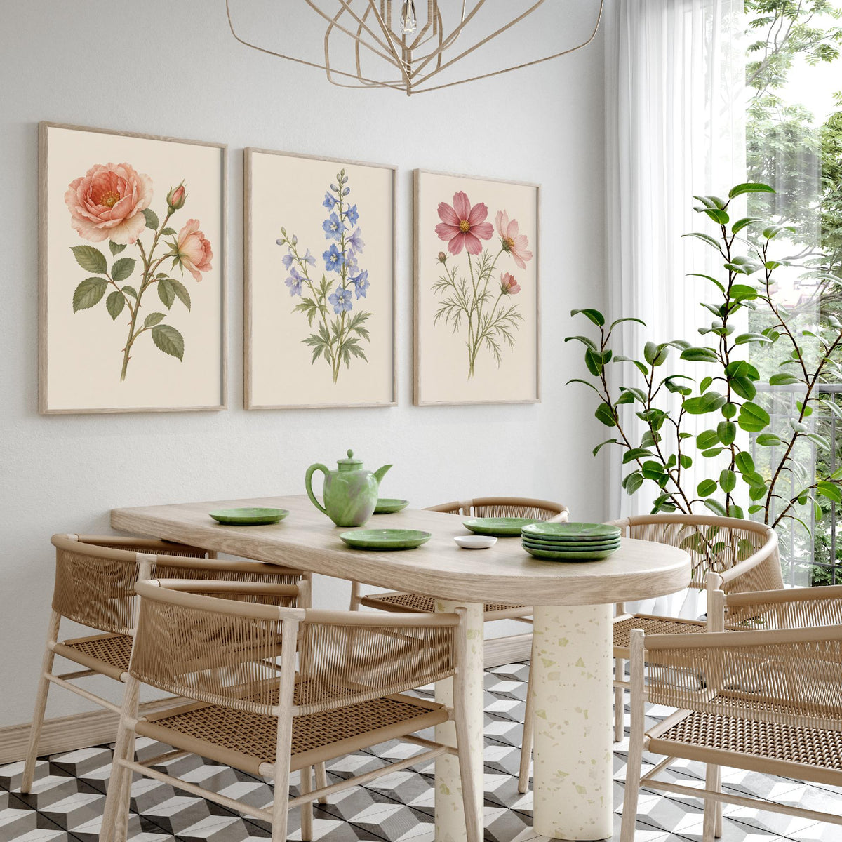 June, July and October Birth Flower Set of Three Art Prints - Rose, Larkspur, Cosmos - Soft Watercolour Botanical Illustration Posters