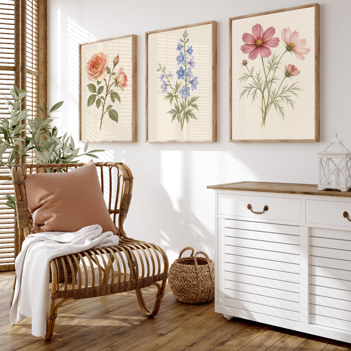 June, July and October Birth Flower Set of Three Art Prints - Rose, Larkspur, Cosmos - Soft Watercolour Botanical Illustration Posters