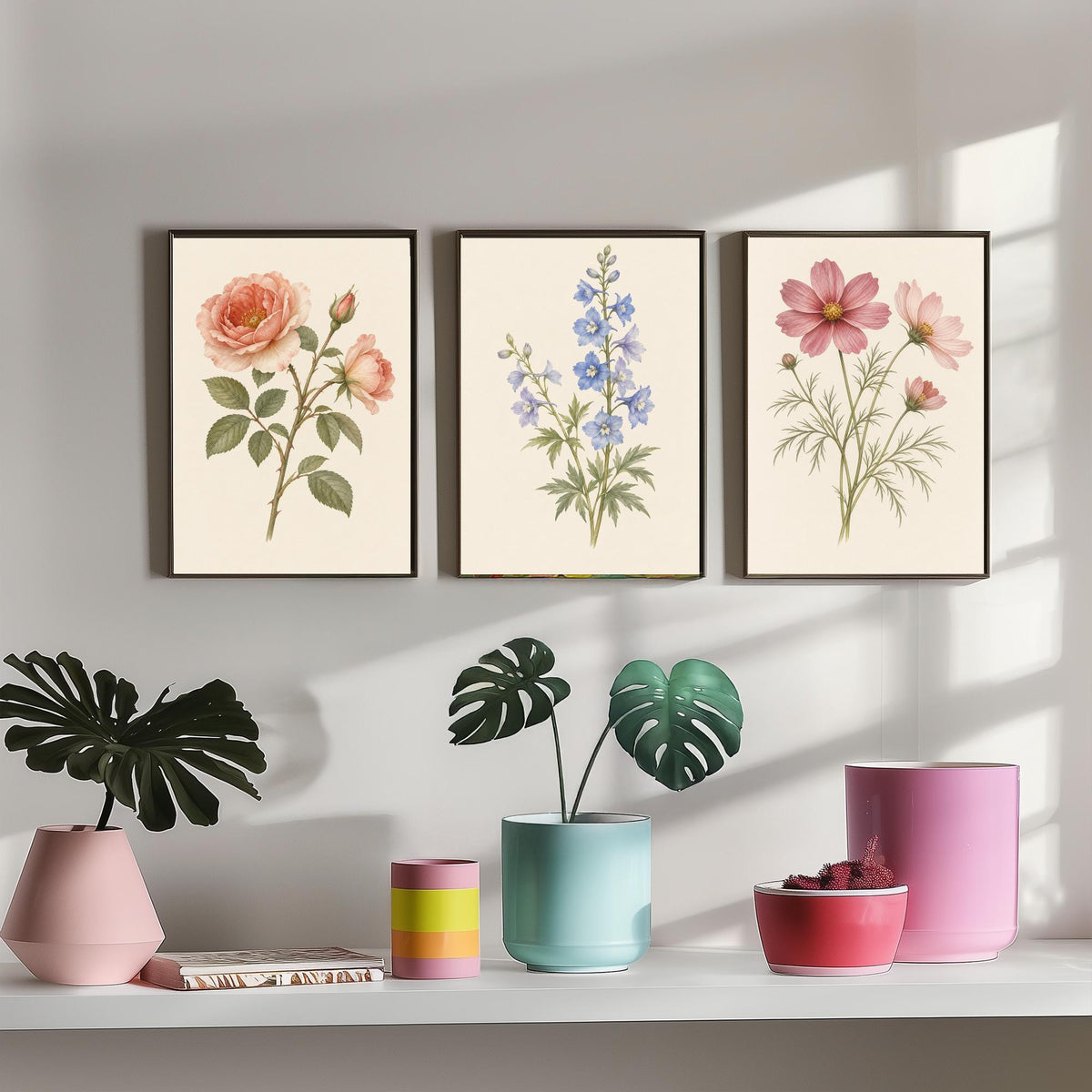 June, July and October Birth Flower Set of Three Art Prints - Rose, Larkspur, Cosmos - Soft Watercolour Botanical Illustration Posters