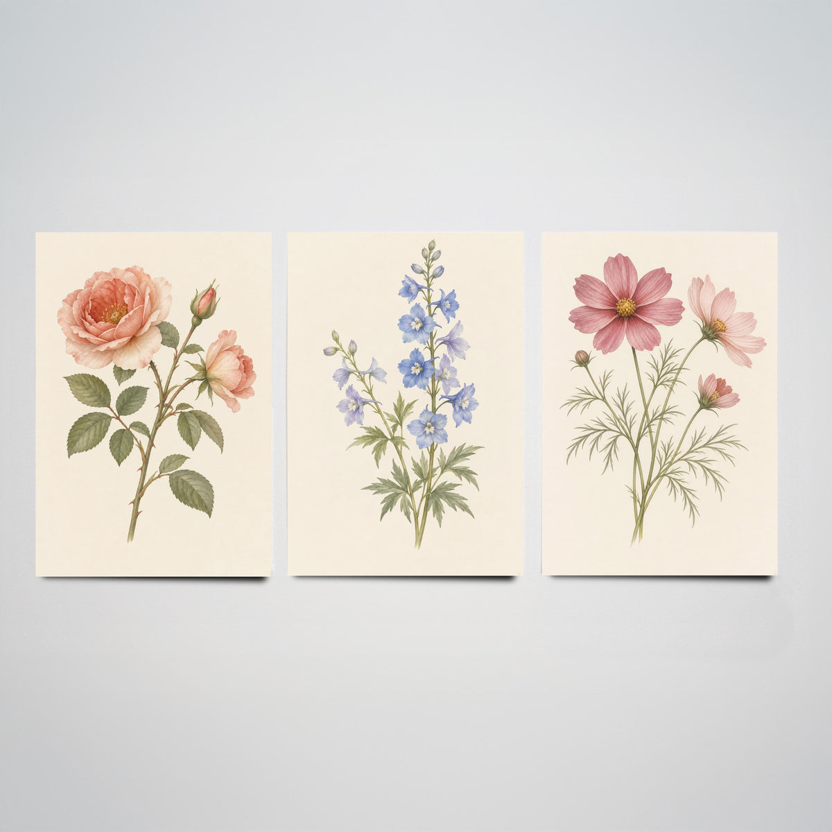 June, July and October Birth Flower Set of Three Art Prints - Rose, Larkspur, Cosmos - Soft Watercolour Botanical Illustration Posters
