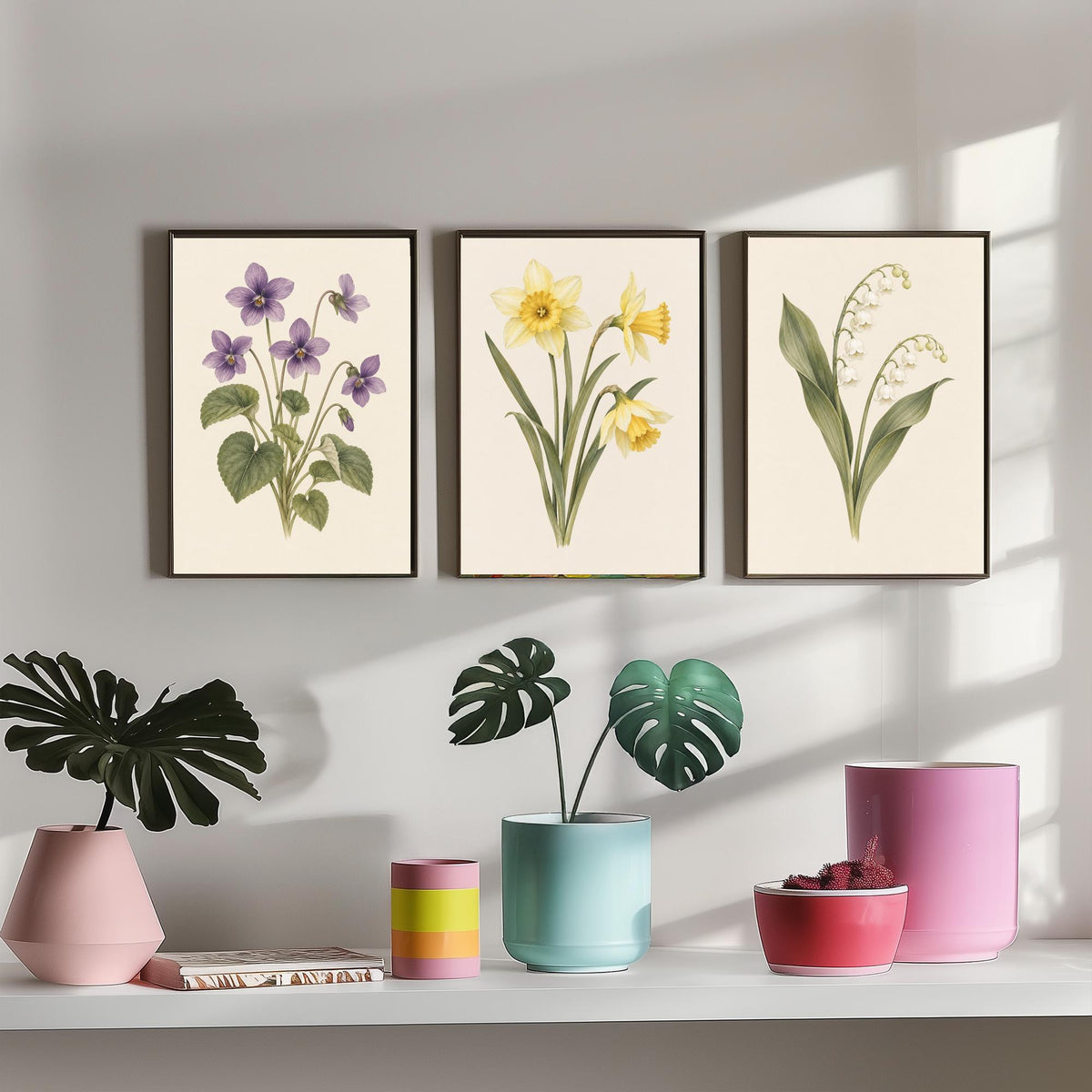 February, March and May Birth Flower Set of Three Art Prints - Violet, Daffodil, Lily of the Valley - Soft Watercolour Illustration Posters