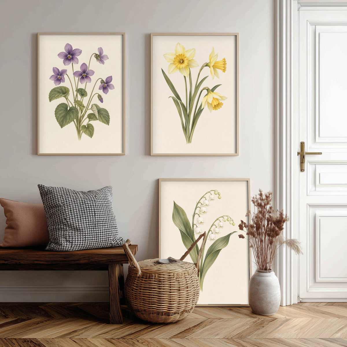 February, March and May Birth Flower Set of Three Art Prints - Violet, Daffodil, Lily of the Valley - Soft Watercolour Illustration Posters