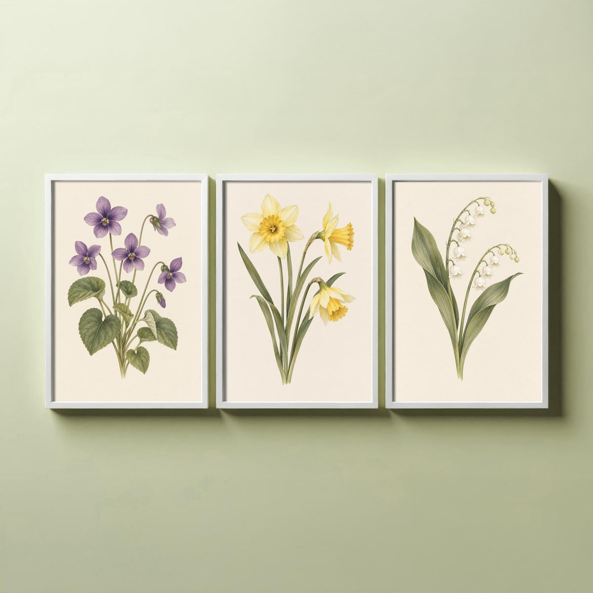 February, March and May Birth Flower Set of Three Art Prints - Violet, Daffodil, Lily of the Valley - Soft Watercolour Illustration Posters